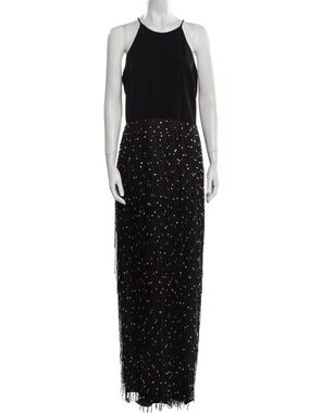 Badgley Mischka Black Maxi Dress with Gold Sequin Fringe